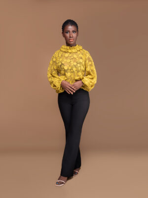 Mustard Yellow Chantily Ruffle neck top Front